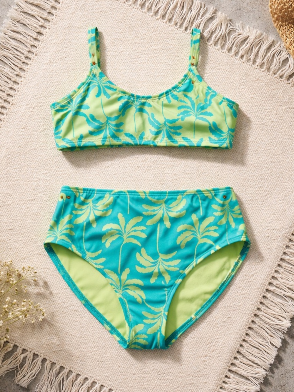 art class Girls' green and Lime Palm Print Bikini Set (1)